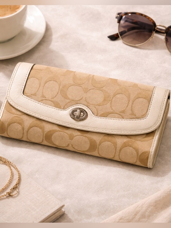 Coach Handbags - Coach Signature Turn Lock Wallet Khaki Cream Long Trifold Checkbook Clutch
